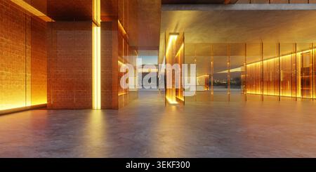 Moderne Architektur mit Glaswänden, Backsteinstruktur und warmer Beleuchtung. 3D-Rendering Stockfoto