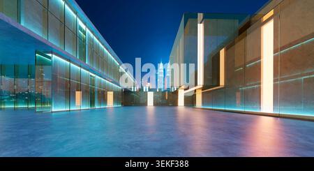 Zeitgenössische Architektur mit Glas- und Zementwänden und urbaner Skyline im Hintergrund. 3D-Rendering Stockfoto