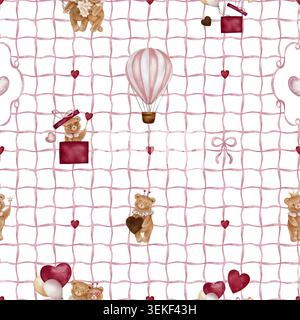 Nahtloses Aquarellmuster mit Teddybären und fliegenden Ballons aus wellenförmigen Bändern, die ein quadratisches Raster bilden. Niedlicher Hintergrund mit Tieren für das Kinderzimmer Stockfoto