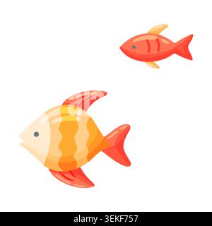 Abbildung von zwei farbenfrohen tropischen Fischen in Orange und Rot, die zusammen schwimmen, einer groß mit gelben Markierungen und ein kleiner roter Fisch, isoliert Stock Vektor