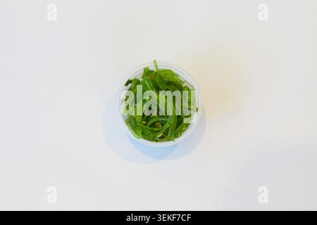 Hellgrüner Wakame-Algensalat in einem kleinen Plastiktopf auf weißem Hintergrund für Poke-Schüsseln und Sushi-Mahlzeiten. Stockfoto