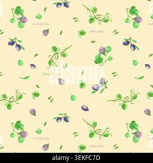 Aquarellfarbe mediterraner nahtloser Musterhintergrund mit Aquarellgrün Oliven und lila Feigen. Handgezeichnete botanische Illustration für kreative Zwecke Stockfoto