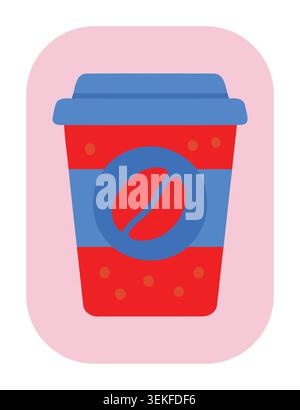 Moderne flache Vektor-Illustration einer roten und blauen Kaffeetasse mit einem Kaffeebohne-Logo, ideal für Lebensmittelverpackungen, Branding und Werbung. Einfach, Version Stock Vektor