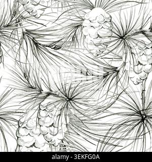 Tannenzapfen mit Fichten- oder Tannennadelzweigen, Schnee auf Schuppen. Botanisches nahtloses Waldmuster, handgezeichnet mit Graphitstift. Bastelpapiere, Urlaub Stockfoto