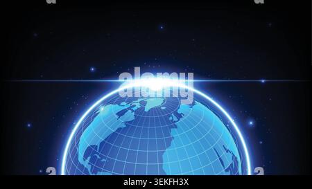 Futuristischer blauer Planet Erde Sonnenaufgang mit hellem Lichtlicht, globalem Gitternetzwerk und Sternen im Weltraum Stock Vektor