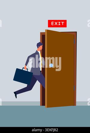 Ein professioneller Geschäftsmann mit einer Aktentasche, der durch eine offene Holztür unter einem roten Ausstiegsschild läuft, um zu entkommen oder Gelegenheit zu finden. Stock Illustrat Stock Vektor