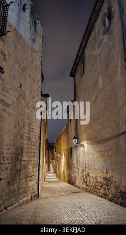 Enge mittelalterliche Kopfsteinpflasterallee, beleuchtet von Vintage Straßenlaternen bei Nacht zwischen alten Steinmauern in der historischen Altstadt von Girona, Spanien Stockfoto