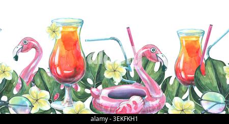 Handgezeichneter nahtloser Rand mit tropischen Palmenblättern, Cocktailglas, aufblasbarem Flamingo und Plumeria-Blüte. Sommerparty am Strand Stockfoto