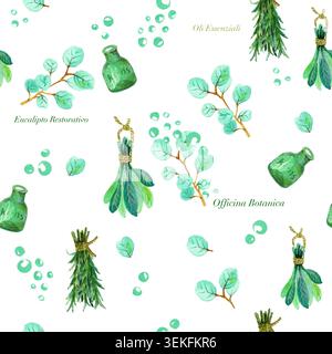 Nahtloses Muster im Wasserfarben-Spa mit Eukalyptuszweigen, Salbei-Rosmarin-Bündeln und Glasflaschen. Handgezeichnete botanische Illustration für kreative Zwecke Stockfoto