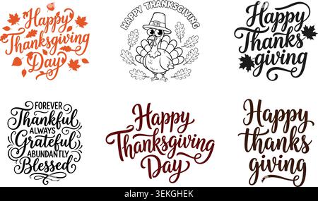 Satz von Happy Thanksgiving Day Vektor Typografie Illustrationen isoliert auf transparentem Hintergrund. Handgezeichnete Schriftmotive im Herbst. Stock Vektor