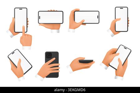 Set aus 3D-Händen, die Smartphones im hoch- und Querformat verwenden, mit Tippen, Halten, Betrachten von Gesten für mobile App, Gerät, Bildschirm-Mo Stock Vektor