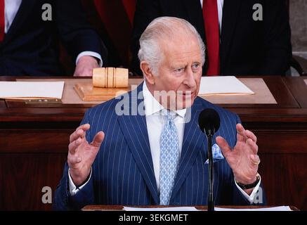 König Karl III. Hält eine historische Ansprache vor dem US-Kongress während des Staatsbesuchs zum 250. Jahrestag der amerikanischen Unabhängigkeit, Washington D.C., USA, 28. April 2026 Stockfoto