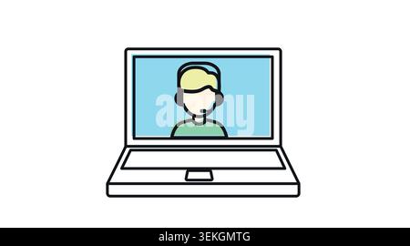 Laptop-Kundensupport-Symbol: Tragbarer Notebook-Computer mit Agent, der ein Headset auf dem Bildschirm trägt, moderne schwarze Strichgrafik mit versetztem Farbfüllvektor. Stock Vektor