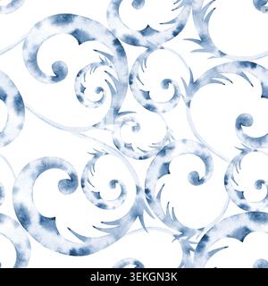 Ein handgezeichnetes nahtloses Aquarellmuster mit eleganten gefrorenen Locken und frostigen Winterwirbeln. Hochwertiges eiskaltes Ornament-Design isoliert auf einem Rohling Stockfoto