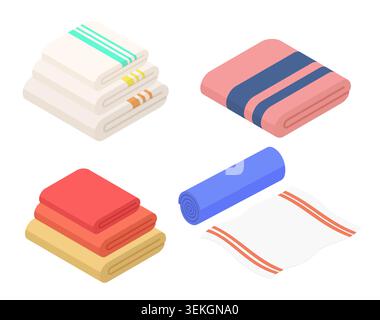 Set aus gefalteten und gerollten Handtüchern im isometrischen Stil, mit gestreiften Badetüchern in sanften Farben für Badezimmer, Spa, Wäsche und Heimtextilien Design isoliert auf weißem Hintergrund Vektor Illustration Stock Vektor