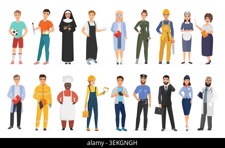 Sammlung von Männern und Frauen in verschiedenen Berufen, einschließlich Arzt, Lehrer, Baumeister, Koch, Polizist, Pilot, Künstler und Athlet isoliert auf weißem Hintergrund Vektor Illustration Stock Vektor