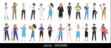 Sammlung von Frauen, die in verschiedenen Berufen tätig sind, einschließlich Medizin, Militär, Lehre, Recht, Bauwesen, Polizei-, Reinigungs- und Service-Jobs isoliert auf weißem Hintergrund Vektorillustration Stock Vektor