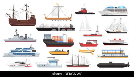 Sammlung von Schiffen mit Kreuzfahrtschiff, Frachtschiff, Segelboot, U-Boot, Fähre, Ikonen von Jachten, Tankern und Kriegsschiffen isoliert auf weißem Hintergrund Vektorillustration Stock Vektor