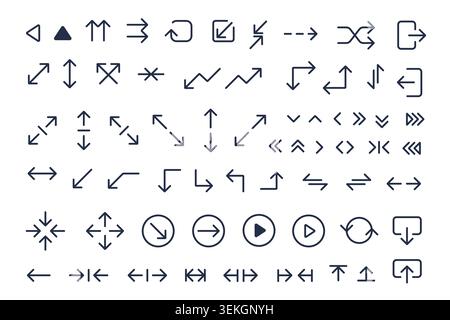 Symbolsatz mit minimalen Pfeilrichtungen mit Navigation, Bewegung, Upload, Download, Wiedergabe, Zufallswiedergabe- und Zeigersymbole, die auf einer Vektorgrafik mit weißem Hintergrund isoliert sind Stock Vektor