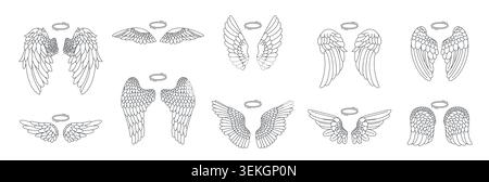 Sammlung von Engelsflügeln mit Halos in handgezeichnetem Umrissstil, mit mehreren gefiederten Paaren für Tattoo, Logo, Aufkleber, Färbung und spirituellem Design isoliert auf weißer Vektor-Illustration Stock Vektor