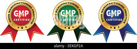 GMP Certified Icons Set Vektor Good Manufacturing Practice Gold Medal Ribbon Label Qualitätssicherung Lebensmittel Pharma Kosmetik Standards Produktionsindustrie Stock Vektor