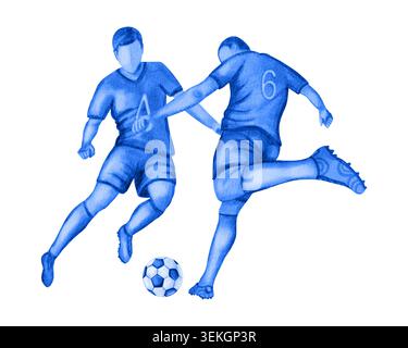 Aquarellillustration von zwei Fußballspielern in roten und blauen Uniformen, die um den Ball wetteifern. Dynamische Fußballspiele auf weißem Hintergrund Stockfoto