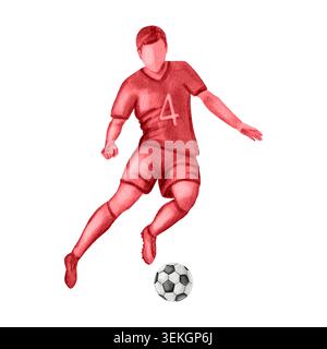 Aquarellillustration eines Fußballspielers in roter Uniform, der einen Ball dribbelt. Dynamische sportliche Action und Bewegung, isoliert auf weißem Hintergrund. Fuß Stockfoto