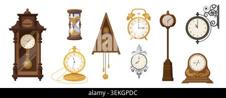 Sammlung von antiken Vintage Uhren einschließlich Wand, Alarm, Tasche, Sanduhr, Metronom, und Straßendesigns, isoliert auf weißem Hintergrund Vektor-Illustration Stock Vektor