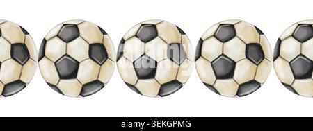 Nahtlose Aquarellrandung mit klassischen schwarzen und weißen Fußballbälle. Handgezeichnetes Sportmuster, perfekt für Sporteinladungen, turnierposte Stockfoto