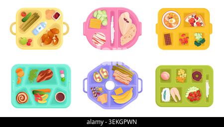 Bunte Cafeteria-Essenstabletts mit verschiedenen Mittagsgerichten, Snacks, Obst, Gemüse, Sandwiches, Pizza, Suppe und Desserts isoliert auf weißem Hintergrund Vektor Illustration Stock Vektor