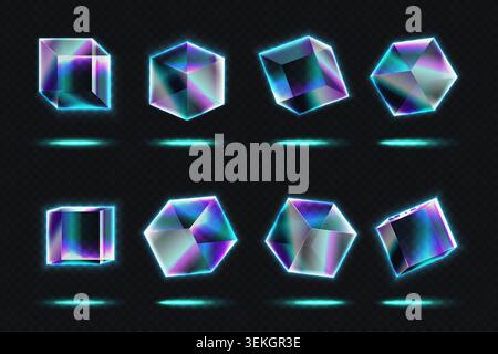 Realistische Würfel aus leuchtendem transparentem Glas mit neonzyanfarbenen und lila Kanten schweben auf einem dunklen Hintergrund und schaffen eine futuristische geometrische holografische Designkollektion für technische Vektorillustration Stock Vektor