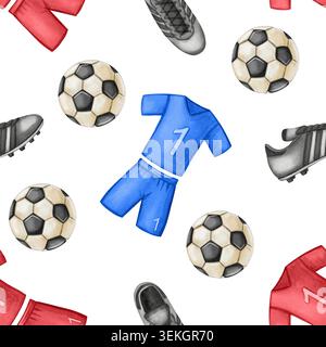 Handgezeichnetes nahtloses Aquarellmuster mit blauen und roten Fußballuniformen und Bälle. Farbenfrohe Illustration des Sportoutfits für Teamfans, Textildesign A Stockfoto