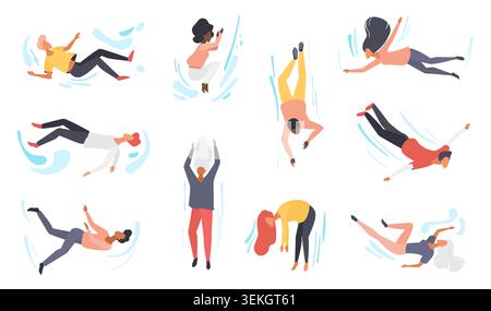 Sammlung von Männern und Frauen in verschiedenen Fallstellungen, Rutschen, Taumeln und Verlust des Gleichgewichts in der Luft, isoliert auf weißem Hintergrund Vektor Illustration Stock Vektor