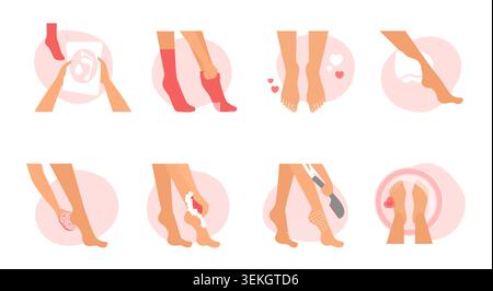 Sammlung von Fußpflege-Schritten, die Waschen, Feuchtigkeitspflegen, Peeling, Rasieren, Massage und gesunde Füße Symbole auf weißem Hintergrund Vektor Illustration lokalisiert zeigen Stock Vektor