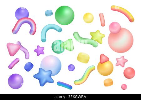 Helles abstraktes Partyset mit bunten 3D-Kugeln, Sternen, Kurven, Zylindern und geometrischen Elementen für festliches Design, Dekoration und verspielte Hintergründe isoliert auf weißer Vektorillustration Stock Vektor