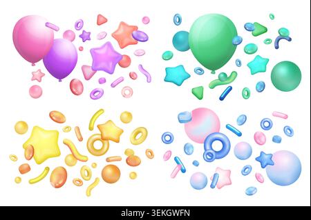Glossy Party 3D Elements Kollektion mit Ballons, Sternen, Ringen, Kugeln und abstrakten Formen in Pastellfarben für Feier, Geburtstag und festliches Design isoliert auf weißer Vektor-Illustration Stock Vektor