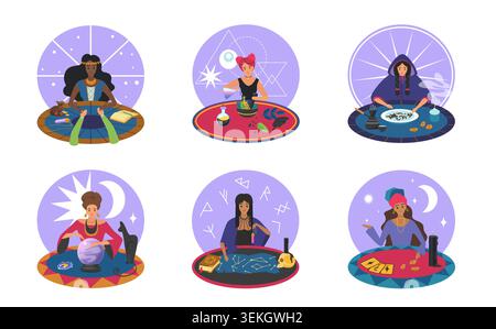 Set von mystischen Seher- und Wahrsagerinnen, die Tarotlesen, Kristallkugel-Weissagung, Zaubertränke und rituelle Szenen in kreisförmigen Rahmen ausführen, die auf weißer Hintergrund-Vektor-Illustration isoliert sind Stock Vektor