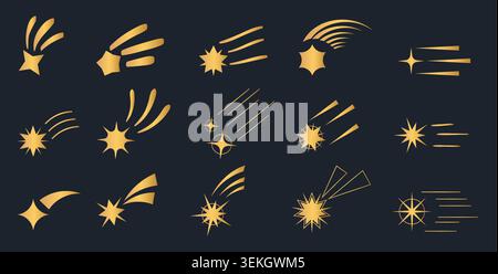 Sammlung von goldenen Sternschnuppen, Kometen, Funkeln und Himmelsstreifen, die als dekorative Weltraumsymbole angeordnet sind, isoliert auf dunklem Hintergrund Vektorillustration Stock Vektor
