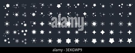 Sammlung von weißen Sternformen, Glitzern, Bursts und himmlischen Ikonen in Reihen für Design, Dekoration und festliche Grafiken, isoliert auf dunklem Hintergrund Vektorillustration Stock Vektor