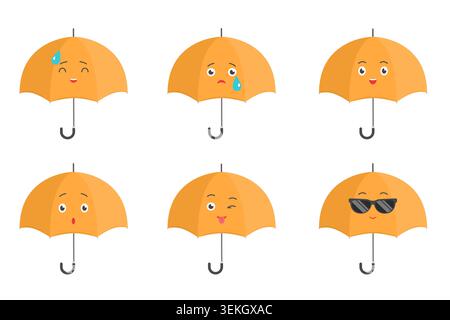 Set von niedlichen orangen Regenschirmen mit glücklichen, traurigen, überraschten, verspielten und kühlen Gesichtsausdrücken, angeordnet als Emoji-Stil Wetterzeichen isoliert auf weißer Hintergrund Vektor-Illustration Stock Vektor
