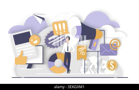 Modernes digitales Werbekonzept mit Megaphon, E-Mail, Analysediagramm, mobilem Bildschirm, Rabatttag und Geschäftscharakter in Cloud-Szene isoliert auf weißem Hintergrund Vektorillustration Stock Vektor
