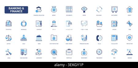 Banken- und Finanzsymbole für Geld, Kredit, Versicherung, Verträge, Investitionen, Schutz und mobiles Banking für Unternehmen und Fintech Verwenden Sie durchgehend blaue Glyphilosymbole zur Vektorillustration Stock Vektor