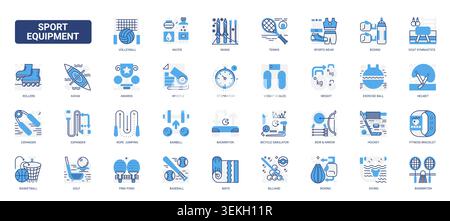 Symbole für Sportgeräte, die Training, Wettkampf und Workout-Aktivitäten für Gym, Outdoor-Freizeit und athletische Lifestyle-Themen abdecken. Die Symbole der blauen Glyphe setzen Vektorillustration Stock Vektor