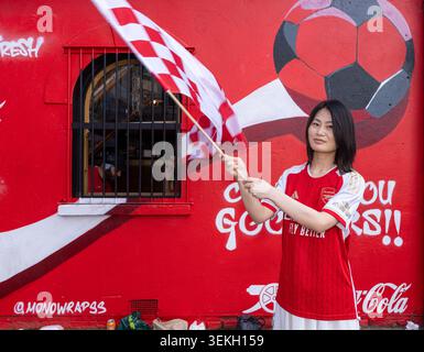 Ein Anhänger des Arsenal FC posiert vor einem leuchtenden roten Fototapete des Fußballclubs in der Nähe des Emirates Stadium in London. Stockfoto