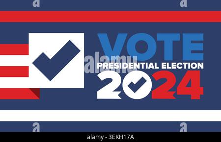 Präsidentschaftswahlen 2024 in den Vereinigten Staaten. Abstimmungstag, 5. November. US-Wahl. Patriotisches amerikanisches Element. Poster, Karte, Banner und Hintergrund. Kunst Stock Vektor
