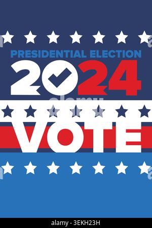 Präsidentschaftswahlen 2024 in den Vereinigten Staaten. Abstimmungstag, 5. November. US-Wahl. Patriotisches amerikanisches Element. Poster, Karte, Banner und Hintergrund. Kunst Stock Vektor