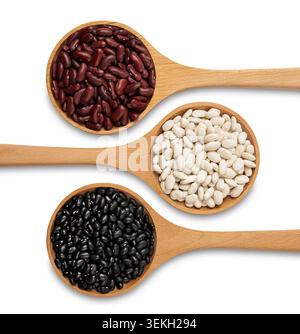 Verschiedene Bohnen in Holzlöffeln isoliert auf weißem Hintergrund mit roten Nieren, weißen und schwarzen Bohnen für gesundes Kochen. Stockfoto