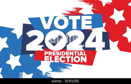Präsidentschaftswahlen 2024 in den Vereinigten Staaten. Abstimmungstag, 5. November. US-Wahl. Patriotisches amerikanisches Element. Poster, Karte, Banner und Hintergrund. Kunst Stock Vektor