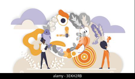 Gesundes Esskonzept mit Lebensmitteln, die als Uhr angeordnet sind, mit Fisch, Gemüse, Ei und Obst mit winzigen Menschen, isoliert auf weißem Hintergrund Vektor-Illustration Stock Vektor