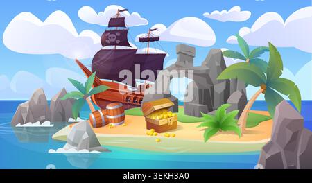 Piratenschatztruhe auf einer tropischen Insel mit Schiff, Palmen, Felsen, Fässern und goldenen Münzen am Ufer unter Wolken und blauem Himmel in farbenfroher Vektorillustration Stock Vektor